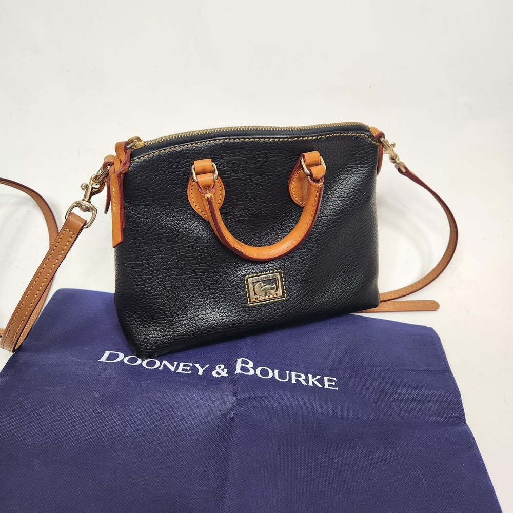 DOONEY & BOURKE Crossbody Satchel Bag Womens Small Black Leather Tan Trim Purse